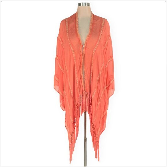 Free People Accessories - Free People Muche Et Muchette Rory Ruana Shawl Fringe Wrap Coral Peach Boho O/S